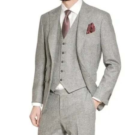 Winter Grey Tweed Warm Men Suit Classic Vintage Jacket Slim Fit 3 Piece Elegant Tuxedo Custom Groom Blazer Sets Terno Masculino