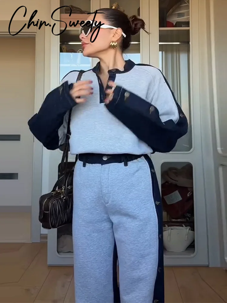 Contrasted Color Women's Sweatshirt Trouser Suits Patchwork Full Sleeve V-Neck Lady Set 2026 Spring Chic 2 Pieces Set Women New