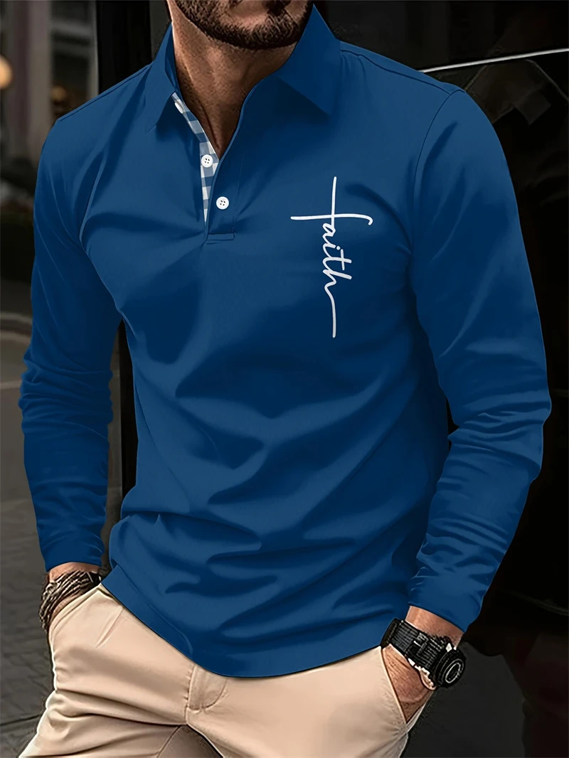 

Simple Jesus Letters Pure Color Polo Shirts For Men Fashion Summer Long Sleeve 3D Printed Polo Shirt Loose Streetwear Lapel Tops