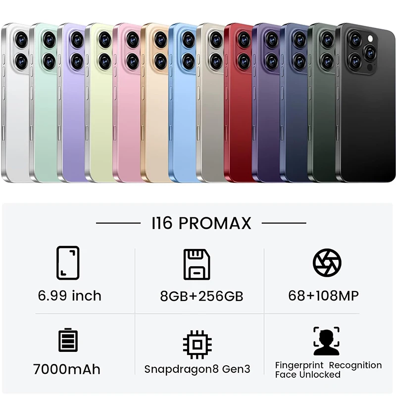 i16 Pro Max Smartphone and 64GB TF Set for Android 13, 6.99" FHD Cell Phone, 7000mAh, Dual SIM/Face ID Type-C Mobile Phone