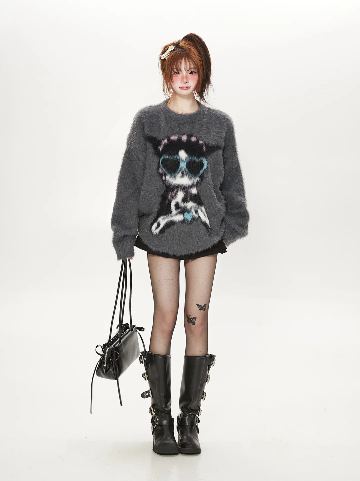 

Soft Thiened Cartoon Knitted Sweater Women's Autumn Winter Warm Loosen Cardigan round Ne Long Sve Faux Fur Top