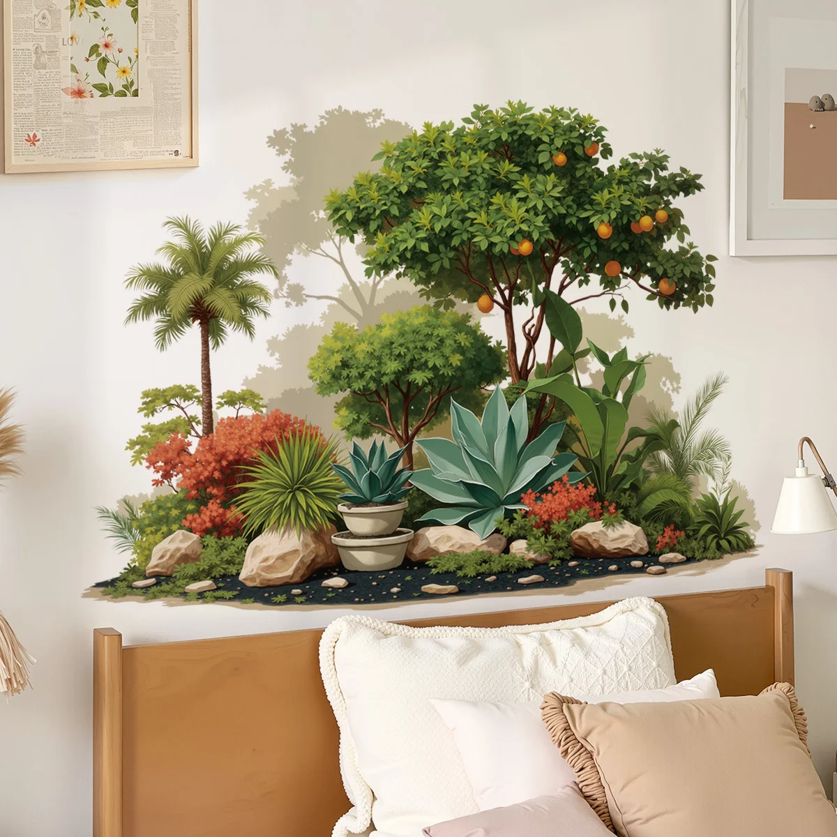 3D Shadow Tropical Orange Tree Wall Stickers, Agave Palm Stone Garden Living Room Baseboard Decor view 4