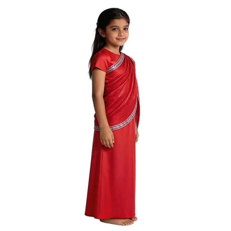 Girls Indian Traditional Dress Red Sequin Ethnic Gown Performance Cosplay Costume Wedding Festival Stage Dance Wear Outfit view 4