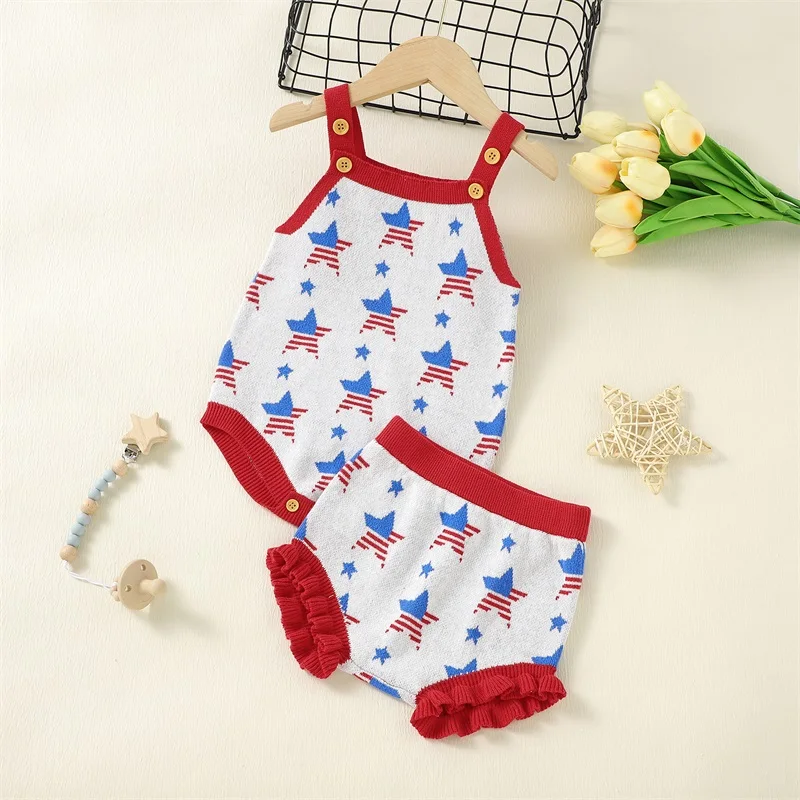 

2023-03-16 Lioraitiin 0-24M Newborn Kid Girl Boy 2Pcs Summer Suit Knitting Romper Vest Tops Shorts for Independence Day