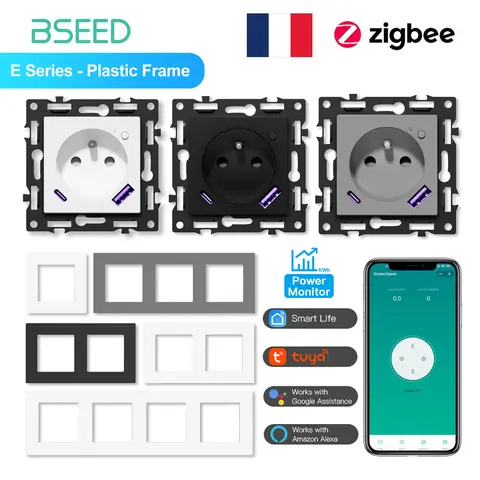 BSEED Zigbee French Socket Smart Wall Sockets Modules With 20w Type-c USB Fast Charging Ports Matte Plastic Frames DIY Parts