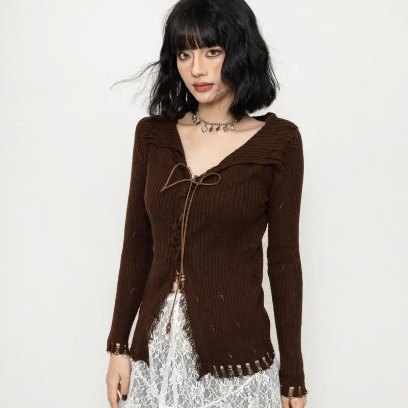 Yedinas American Retro Knit Tops Thin Female Sweater Women Clothes Long Sleeve Slim Autumn Knitwear Outerwears Pullovers Y2k