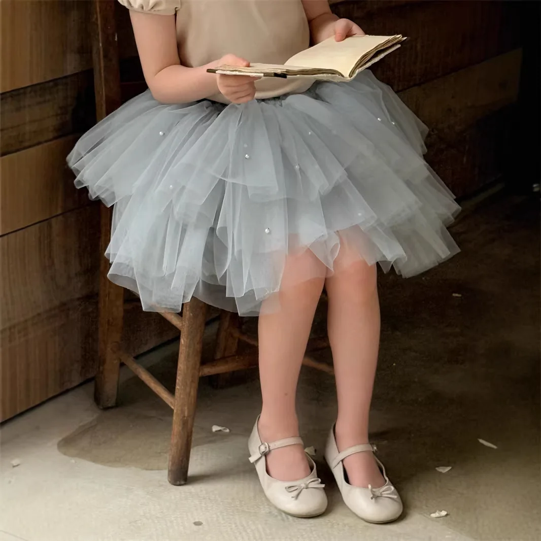 

2026 Spring Summer New Girls Handmade Beaded Mesh Half Skirt Girls Versatile Fluffy Princess Skirt