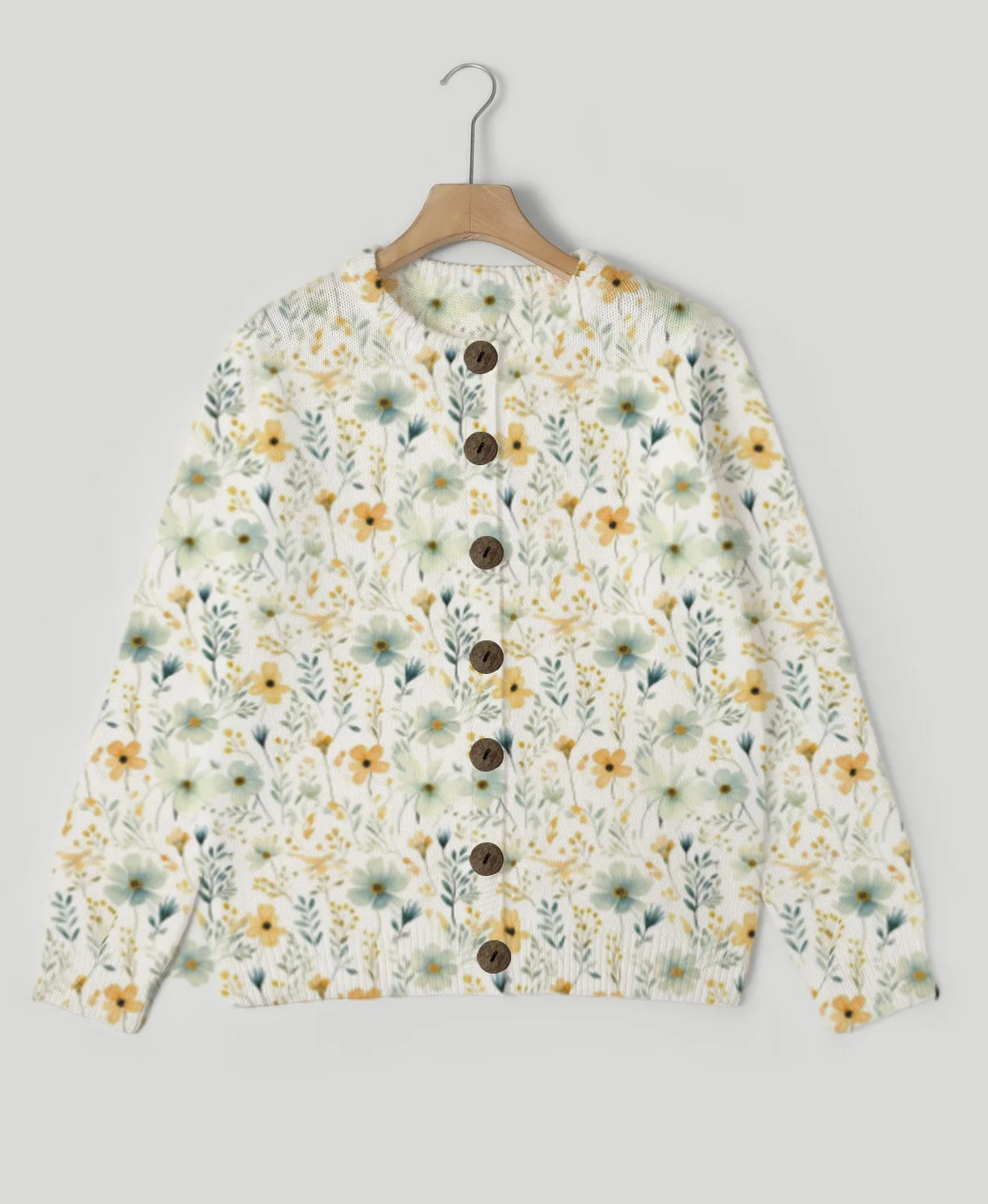 Um cardigã feminino estampado com um estilo elegante e simples de suéter de malha flor e grama, gola redonda casual e formal nós