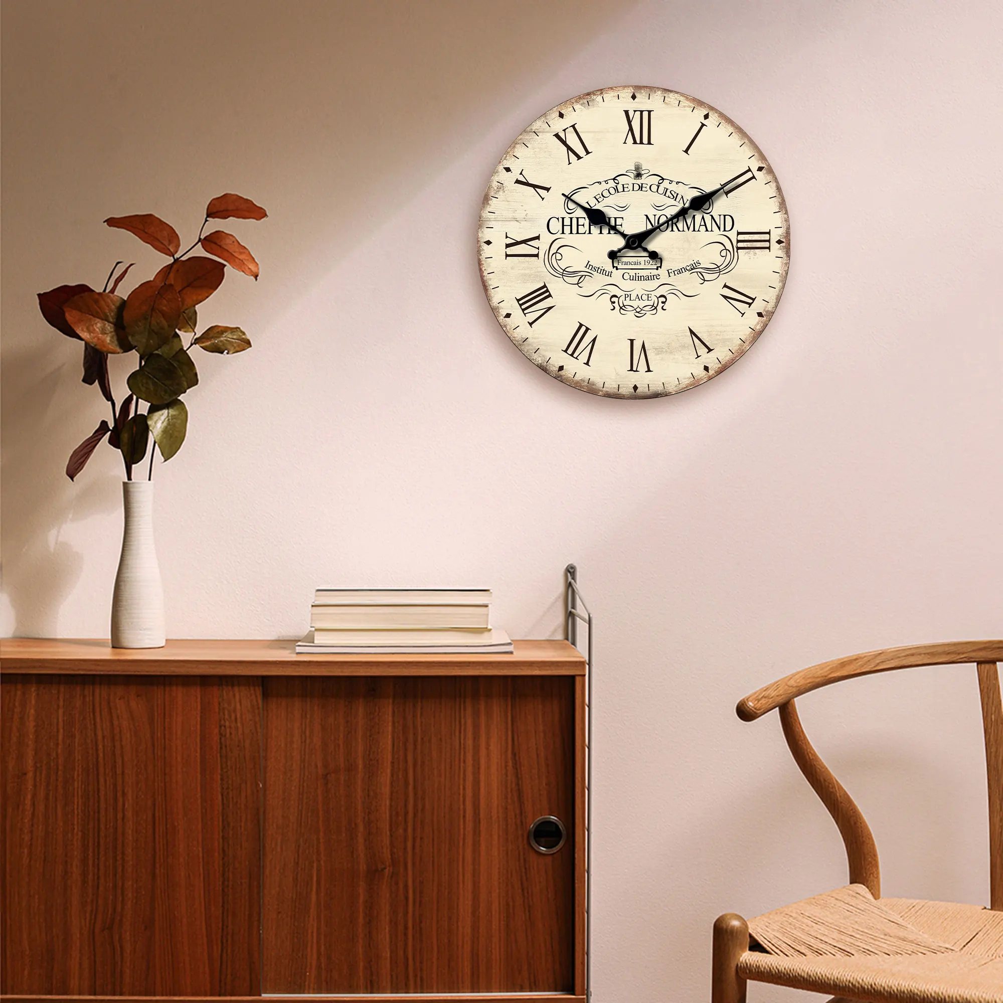 1 wooden kitchen wall clock, retro culinary Academy with Roman numerals design wall clock, home mute clock, suitable for home de