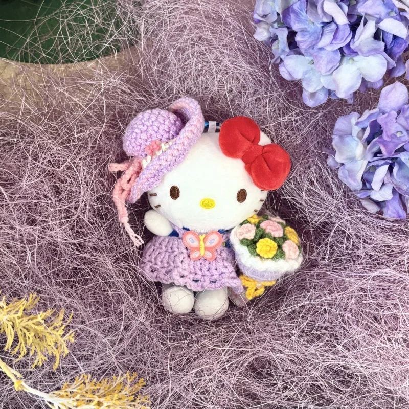 Genuíno bonito dos desenhos animados kawaii olá kitty diy fio roxo conjunto de tricô mão flor boneca de pelúcia chaveiro saco pingente brinquedo presente