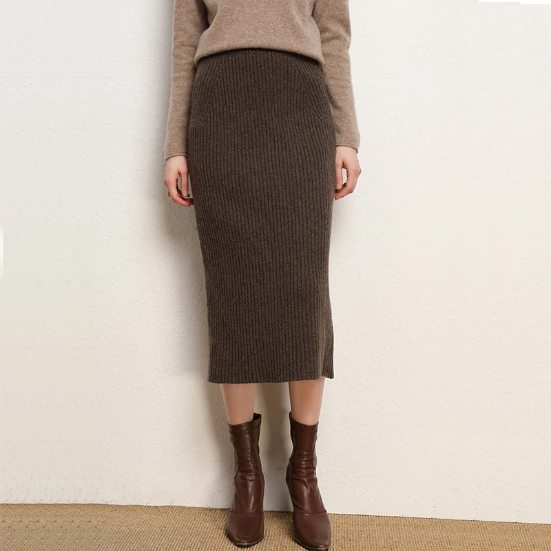Women Autumn Winter Wool Skirt Lady Long Woolen Skirt High Waist Long Skirt Elastic Knitwear Grace Soft Dress