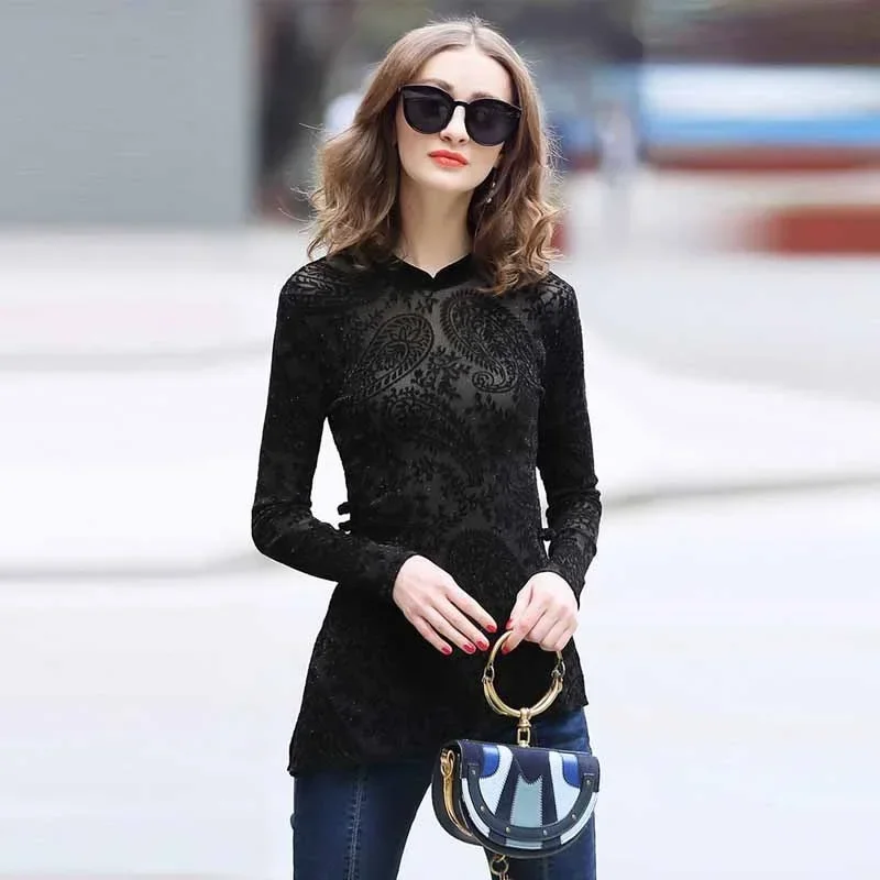 Top Cheongsam Sexy de encaje para primavera y otoño, blusa Qipao de manga larga con cuello mandarín, Tops chinos Vintage negros para mujer 10367 MN1 2024