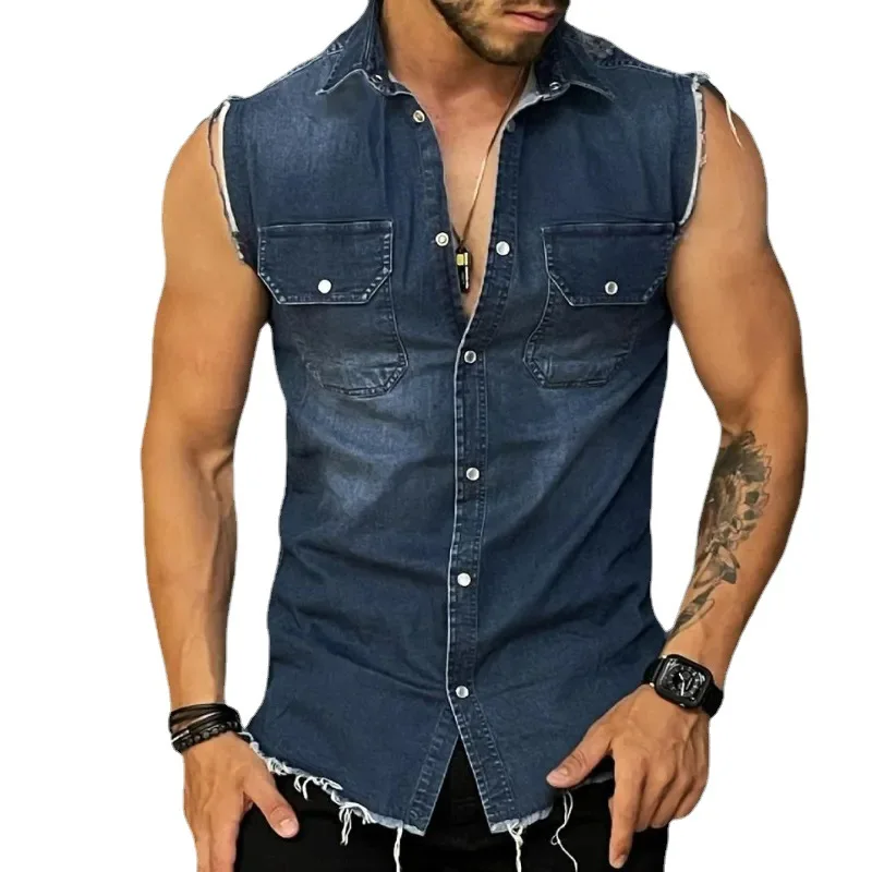 Denim Tank Tops Men's Trendy Shirts Denim Cardigan Lapel Sleeveless Top Men Tank Top Singlet Men Summer Clothing Streetwear