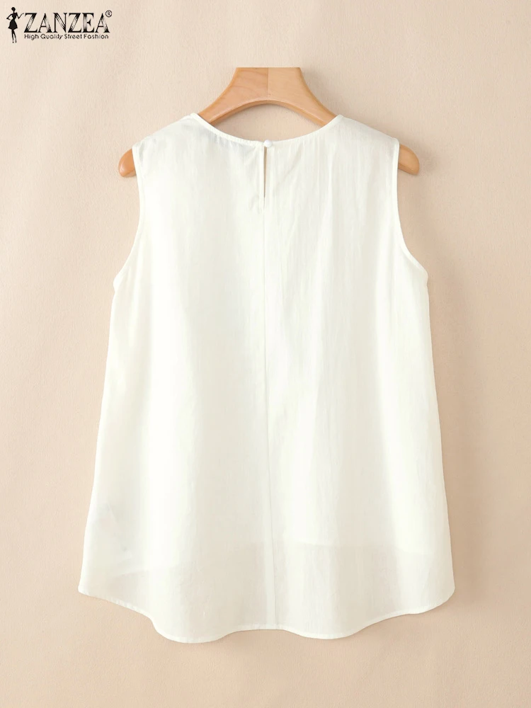 2025 ZANZEA Summer Camis Women Sleeveless Printed Blouse Vintage Cotton Tanks Tops Casual O Neck Loose Holiday Shirt Mujer Femme