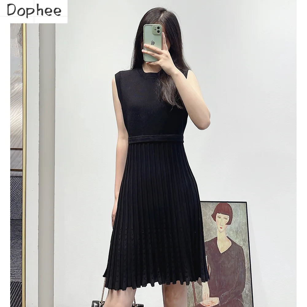 

High Quality Summer Women Sleeveless Knitting Dress Hepburn Wind Patchwork Elegant Short A-line Pleated Dress Slim Basic Tops