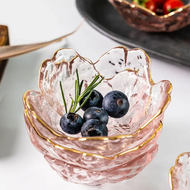 

3pcs Cherry Blossom Sauce Dishes Small Glass Dish Sauce Bowl Nodic Gold Inlay Ice Cream Small Dinner Plates Kitchen Supplies