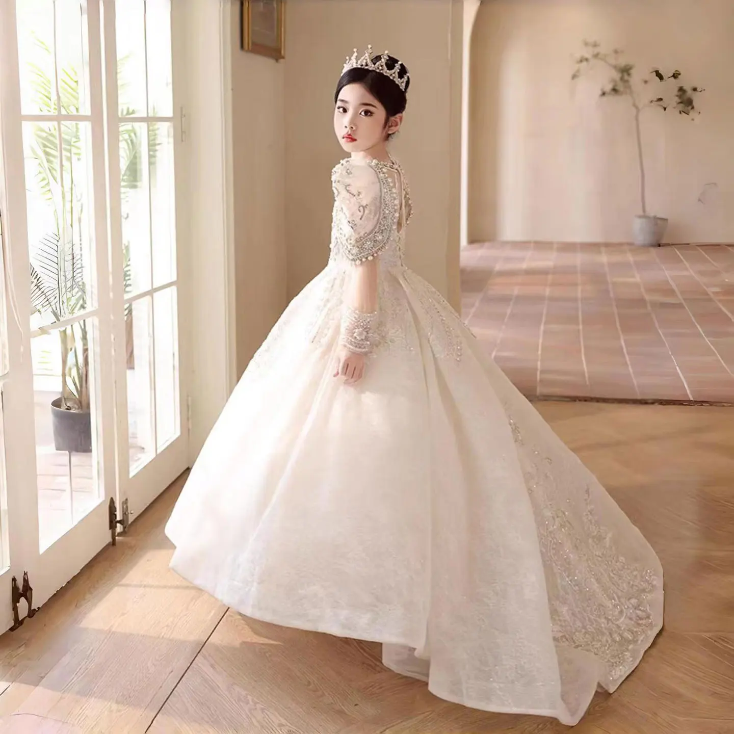 Jill Wish Luxury White Flower Girl Dress Beads Pearls Dubai Kids Princess Birthday Wedding Party Ball Evening Gown 2024 J112