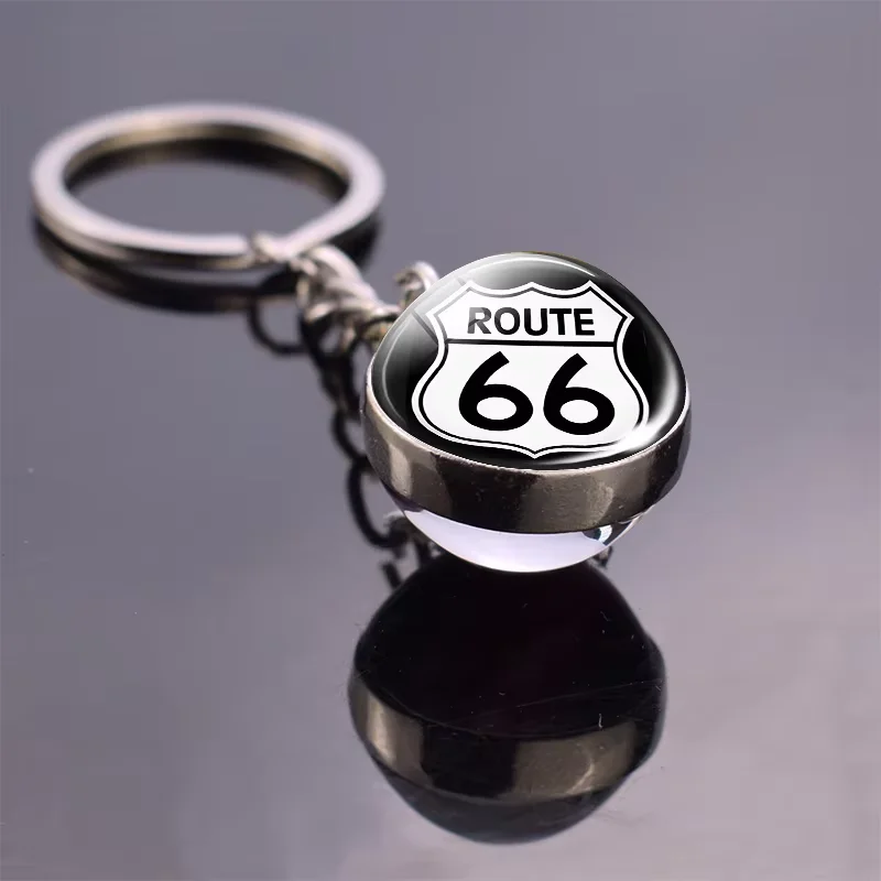 Route 66 Sign Keychain Glass Ball Keyring United States Highway 66 Road Sign Car Pendant Fashion Traveler Gift Accessories