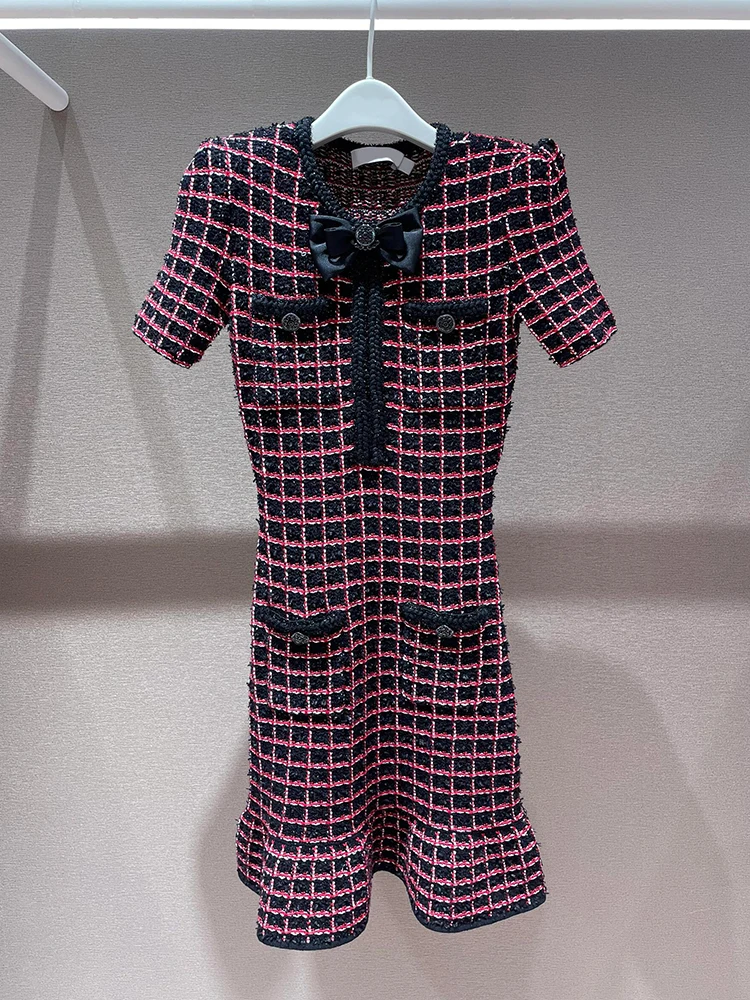 

Трикотажное платье с завышенной талией, бантом и клетчатым узором, подчеркивающее талию, из полиэстера, весна-осень, короткий рукав