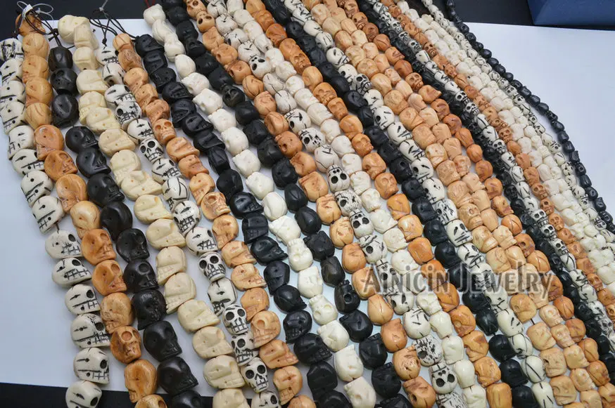 Many Size Genuine Ox Bone Black White Yellow Color Skull Head Carved Strand Loose Beads DIY Jewelry Making Findings 19~50pcs/lot