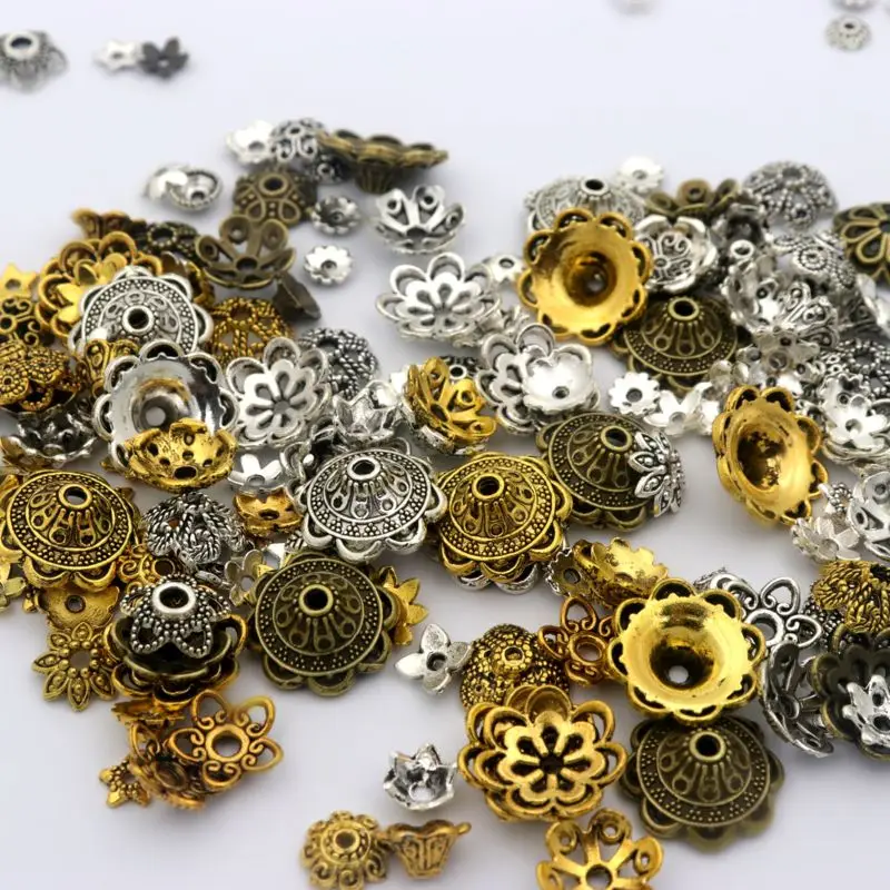 150 sztuk mieszane tybetańskie złoto srebro Vintage luźna przekładka metalowe koraliki czapki do tworzenia biżuterii DIY znalezienie akcesoriów dostawa hurtowa