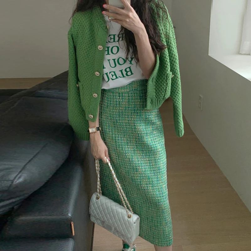 Sweet Loose 2 Piece Set Party Women Clothing Chic Single-breasted Knit Jacket + Tweed Skirt Suit 2023 Winter Autumn X470