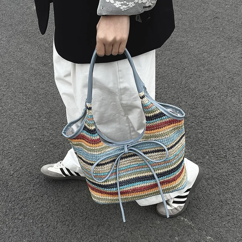 

2025 Summer Rainbow Woven Tote Bag - Fashionable Large Capacity Shoulder Bag, Stylish Color Block Work Purse for Women