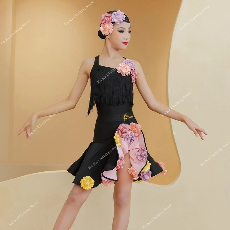 

Костюм для латинских танцев сальсы для девочек, румба, танго, самба, платье для латинских танцев, детское платье с бахромой, стандартное бальное платье для соревнований