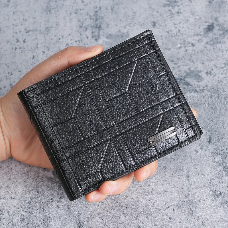 

New Brand Men'S Wallet Men'S Short Wallet Youth Fashion Plaid Horizontal Soft Leather Wallet Large Capacity Multi Card Wallet