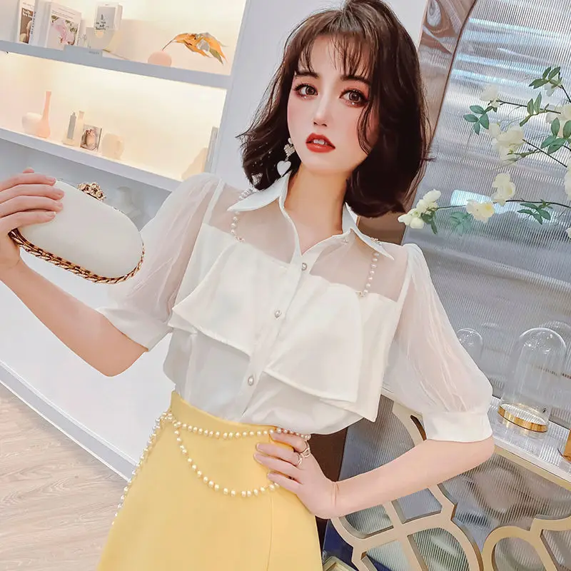 Elegant Lapel Spliced Beading Gauze Hollow Out Puff Sleeve Shirt Women's Clothing 2023 Summer New Casual Tops Office Lady Blouse