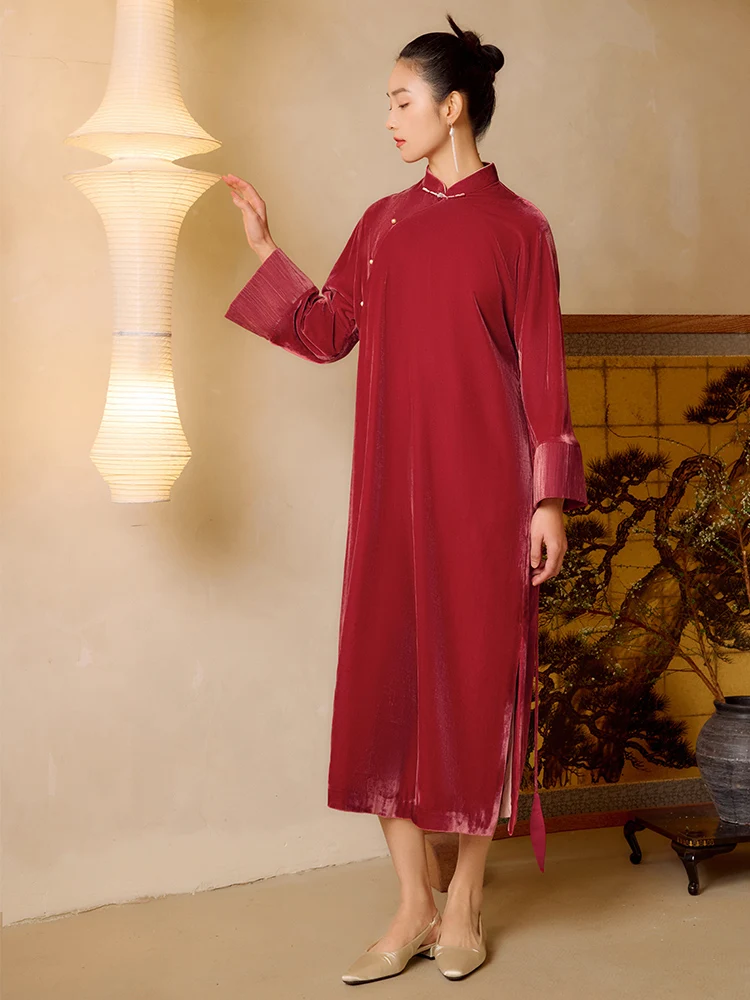 

Red Velvet Dr Ele Chinese Sle Spring New Year Qiangging Long Qipao Gown Beaded Slit High Collar Full Sve