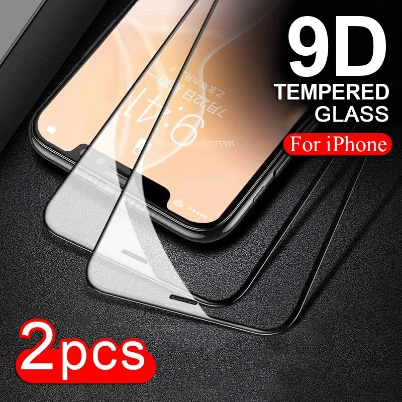 2Pieces 9D Screen Protector For iPhone 15 14 12 13 Pro Max 11 14 Pro Protective Glass For IPhone 7 8Plus X XR XS Max Glass Film