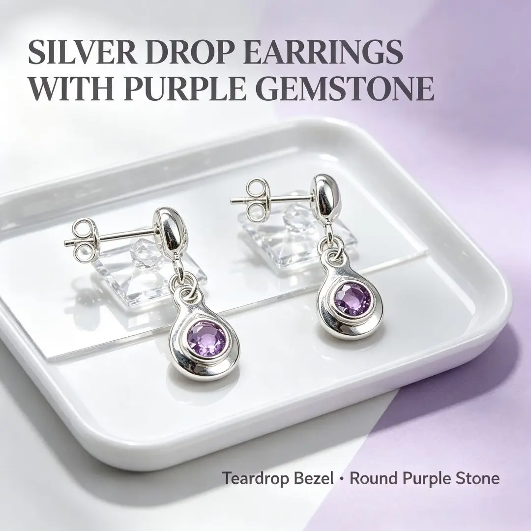 2026 Spain Bright Mysterious Purple Zircon Silver Geometric Earrings Jewelry Accessories Surprise Gift