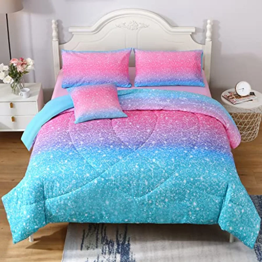 

Glitter Comforter Set Twin Size6 Pcs Bed in A Bag 3D Colorful Duvet Bedding Sets for Girls - 1 Comforter 2 Pillowcases 1 Flat S