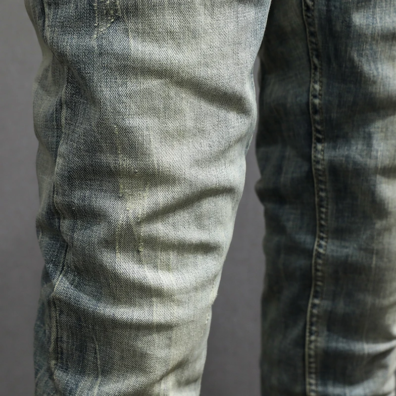 Italian Style Fashion Men Jeans High Quality Retro Washed Blue Stretch Slim Fit Ripped Jeans Men Vintage Designer Denim Pants