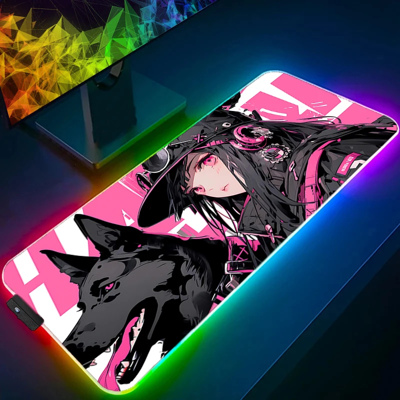 Muismat Professionele eSports Game Spelers Snelheid Rubber Game Bureau Mat RGB Kawaii Anime Meisje Muismat LED Zwarte Kat Toetsenbord Pad