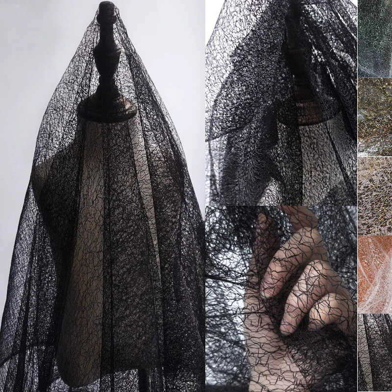 Black Textured Irregular Hollow Mesh Sheer Lace Fabric Designer Dress Qipao Evening Gown Fashion Transparent Textile Fabric