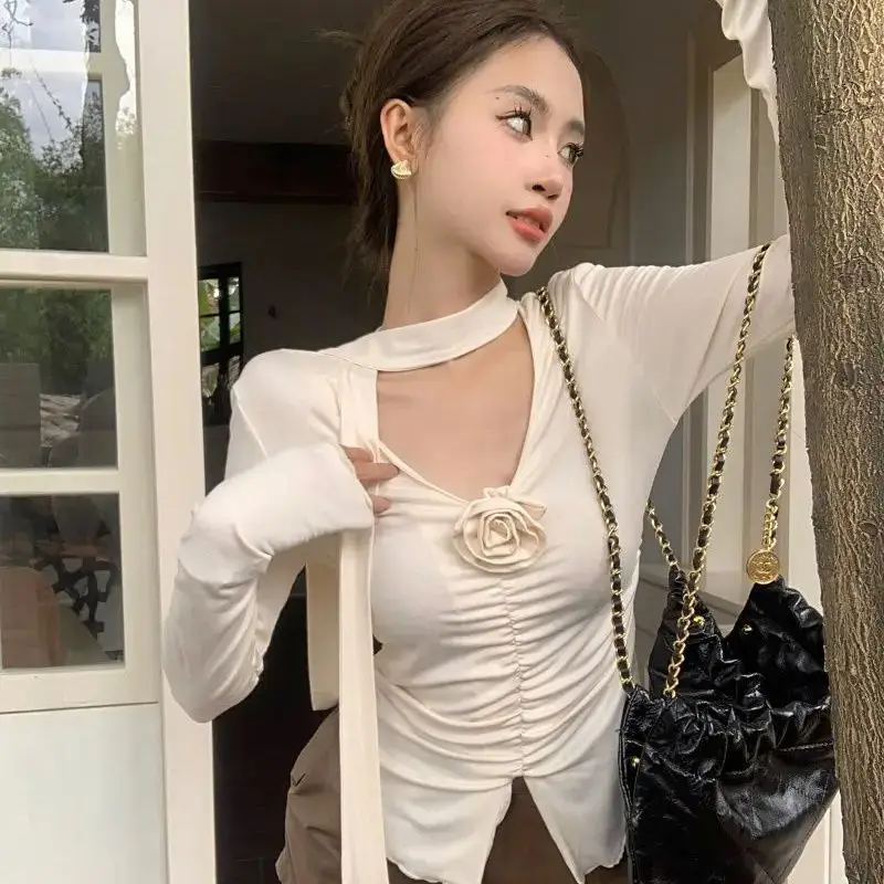 

Three-Dimensional Flower Long-Sleeved Slit T-Shirt French Gentle Style Women'S Slim Fit Inner Wear Pleated Pure Lust Top