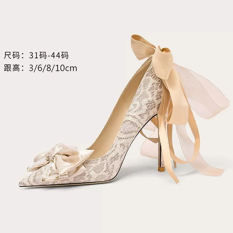 Spring and summer new pointy lace satin pearl ribbon bow single shoes thin high heels banquet dress large and small women's shoe