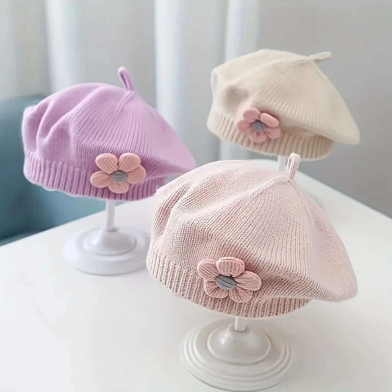 

Flower Baby Beret Hat Winter Warm Knitted Beanie Cap for Infant Girls Korean Toddler Princess Artist Solid Color Painter Caps