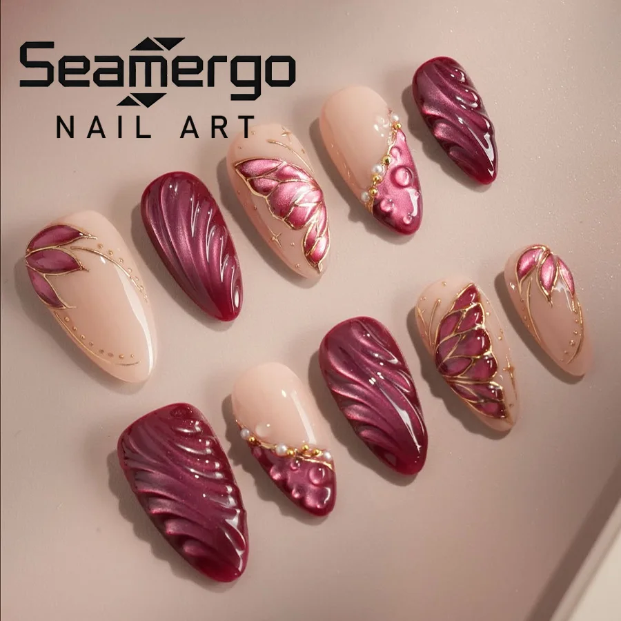 

24PCS Cat Eye Butterfly Press on Nails Luxury Elegant Burgundy with Gilt Design False Nails 3D Glossy Floral Removable Manicure