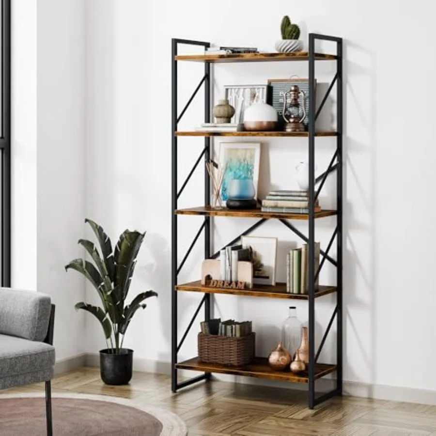 5 Tiers Bookshelf, Classically Tall Bookcase Shelf, Industrial Book Rack, Modern Book Holder in Bedroom/Living Room/Home/Office