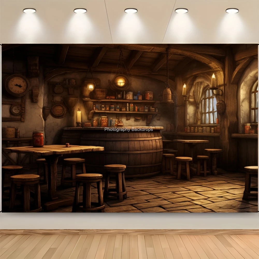 Vintage Old Tavern Barista Coffee Shop Bar Photography Backdrop Warm Medieval Inn Fantasy Retro Photo Studio Background LJG-01