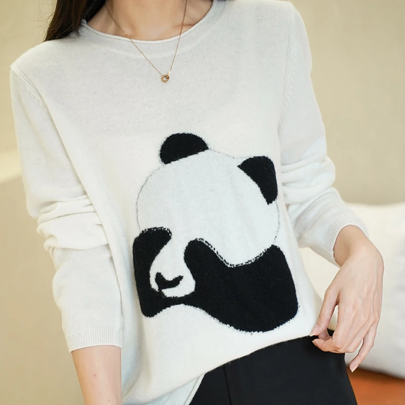 

100% pure wool sweater Women's winter knit top Shy panda jacquard round neck cashmere sweater with leggings loose