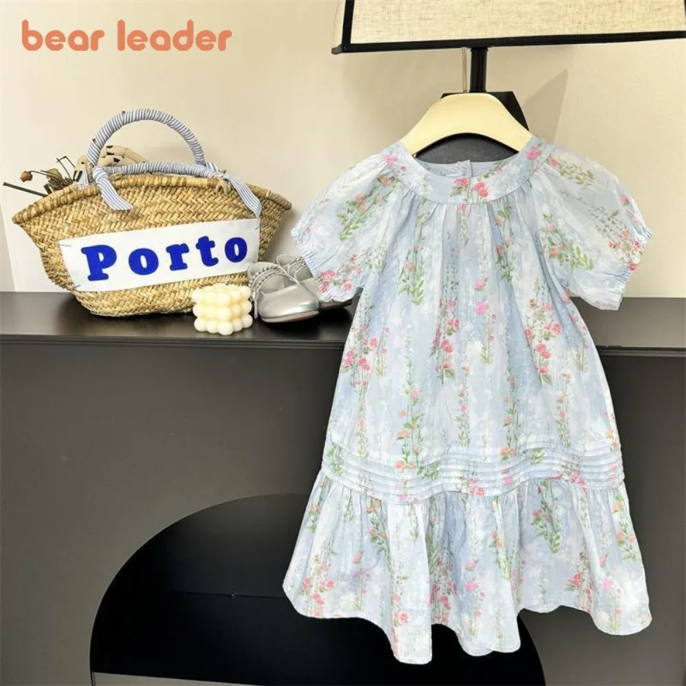 

Лідер медведя, корейская версия, синее платье принцессы с пышными рукавами и цветочным принтом, летняя простая одежда для девочек-подростков, повседневная детская одежда