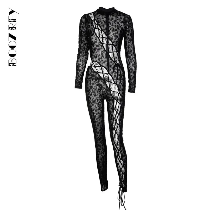 Boozrey Bandage Bodysuit Zomer Jumpsuit Vrouw Splice Sexy See Through Hollow Slim Bodystocking Jumpsuits Body Suits Clubwear