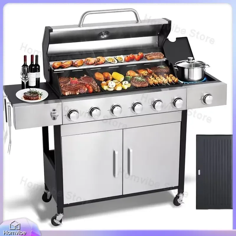 3 4 6 Burner Propane Gas Grill with Side Burner Cast Iron Grates Stainless Steel Lid Warming Rack Large Cabinet Style Outdoor