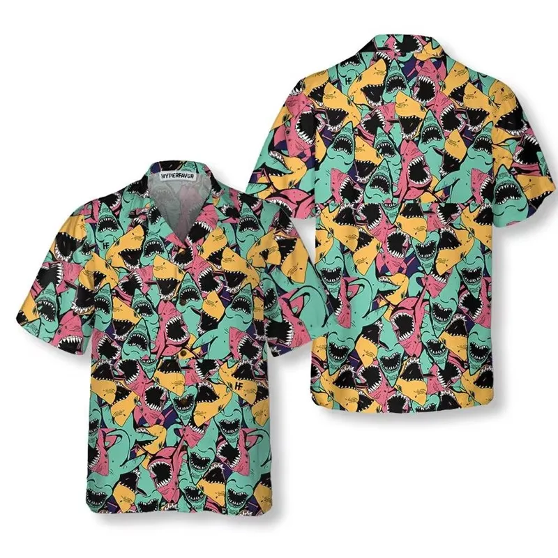 3D Print Shark Pattern Hawaiian Shirts For Men Casual Short Sleeve Button Up Beach Shirt For Adults Shark Print Vacation Shirt