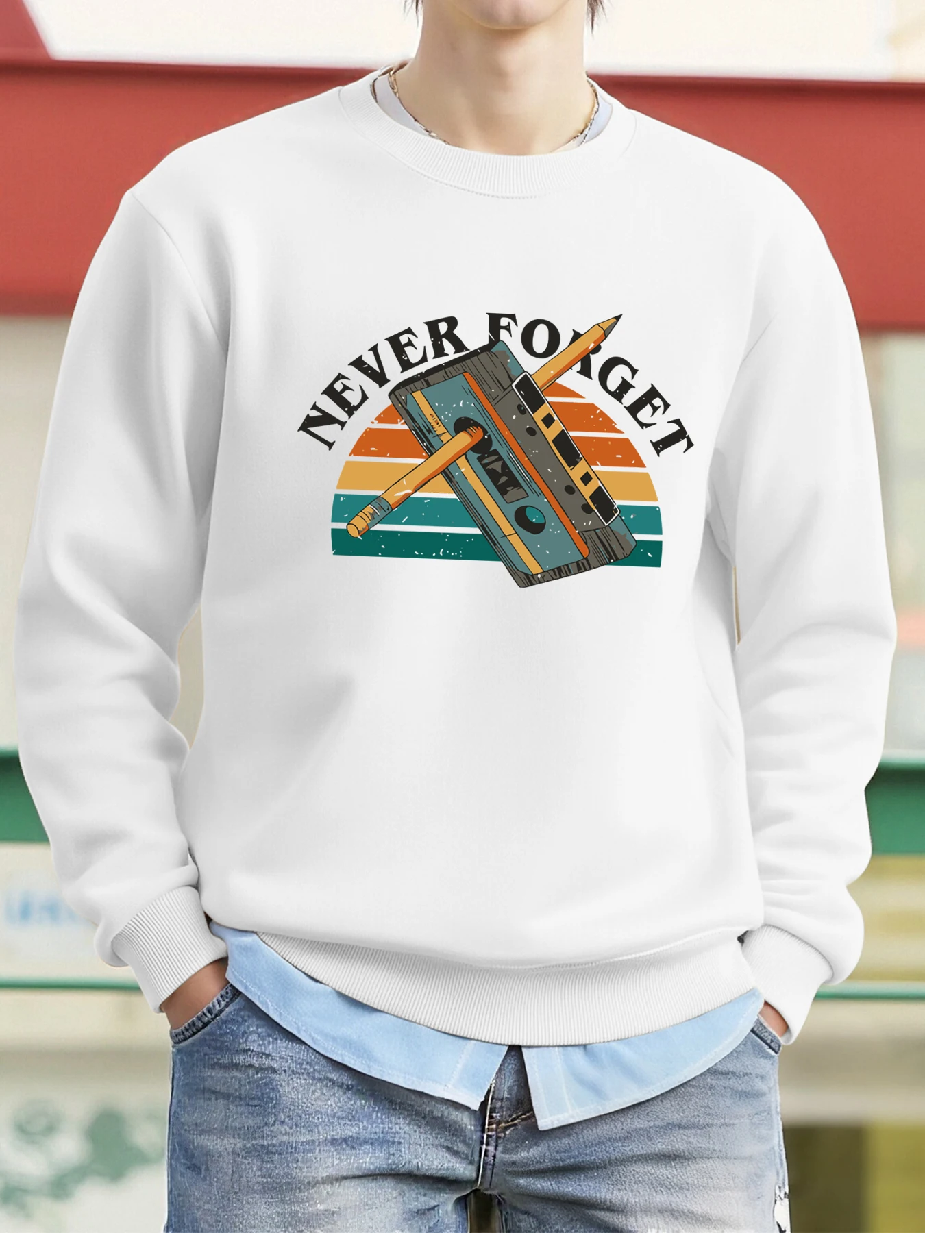 Nie Vergessen Walkman Muster Männer Sweatshirt Straße Casual Pullover Lose Weiche Top Fleece Streetwear Herbst Crewneck Kleidung