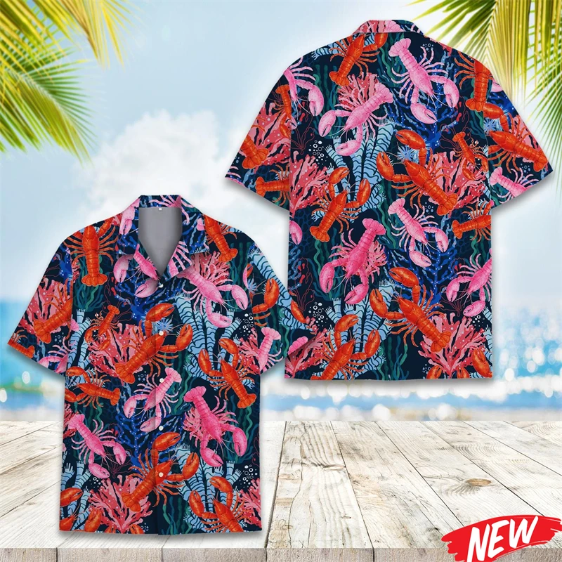 

Fashion Lobster tropical plants Pattern Hawaiian Shirt For Men Summer Beach Button Short Sleeve Women Tops Quick Dry Lapel Shirt
